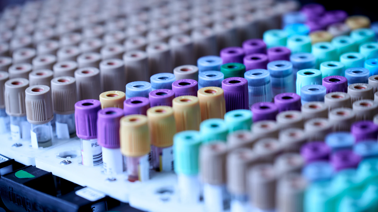 Blood sample tubes in a rack at a laboratory for blood testing.